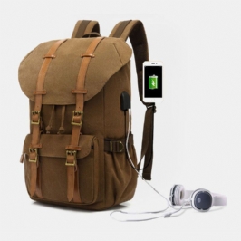 Miesten Aitoa Nahkaa Ja Kangasta Sisältävä Usb-lataus Retro Travel Outdoor -reppu Suurikapasiteettinen