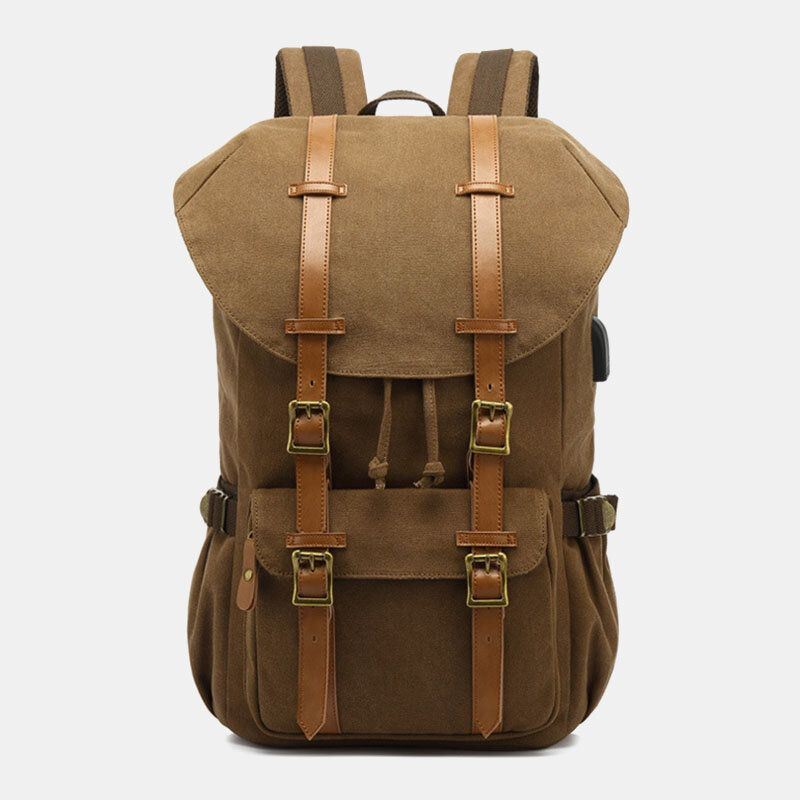 Miesten Aitoa Nahkaa Ja Kangasta Sisältävä Usb-lataus Retro Travel Outdoor -reppu Suurikapasiteettinen