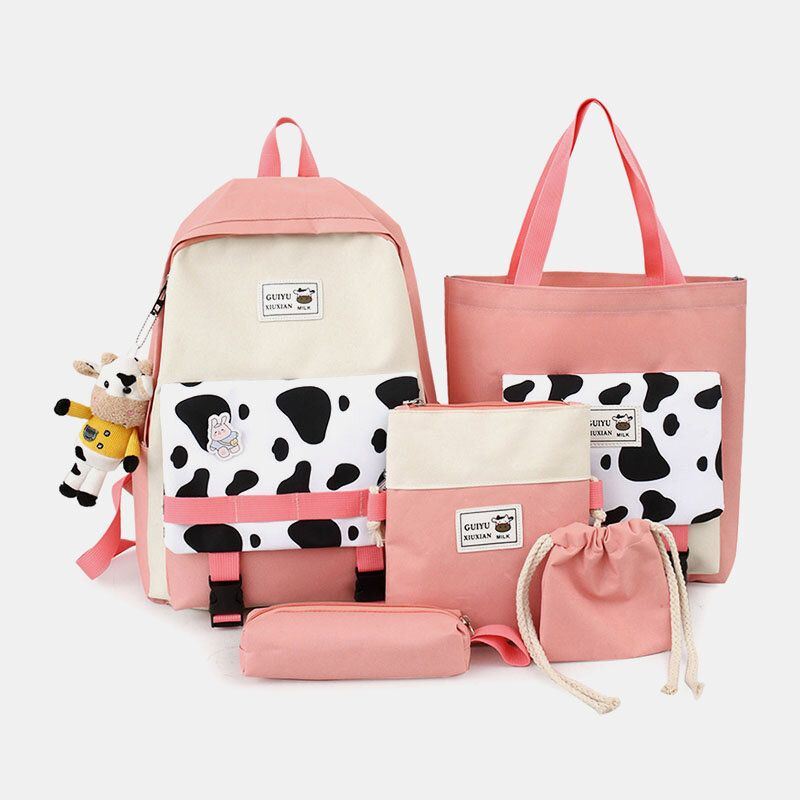 Naisten 5 Kpl Canvas Preppy Cow Pattern Monitoiminen Yhdistelmälaukku Reppu Tote Crossbody Bag Kytkinlompakko