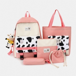Naisten 5 Kpl Canvas Preppy Cow Pattern Monitoiminen Yhdistelmälaukku Reppu Tote Crossbody Bag Kytkinlompakko