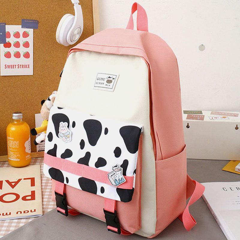 Naisten 5 Kpl Canvas Preppy Cow Pattern Monitoiminen Yhdistelmälaukku Reppu Tote Crossbody Bag Kytkinlompakko