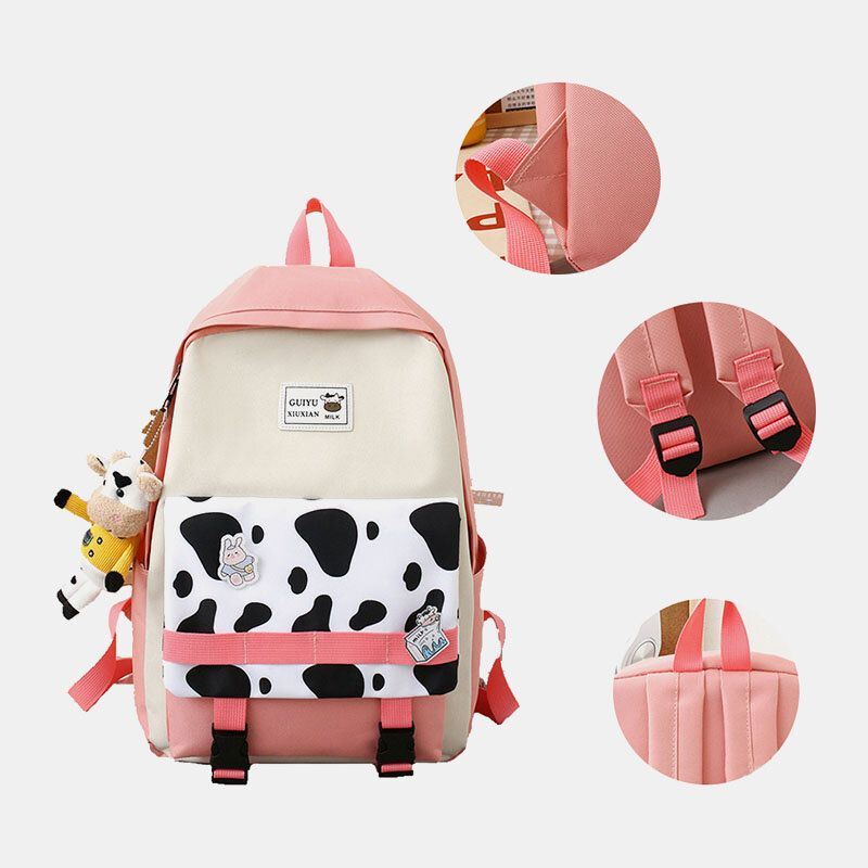Naisten 5 Kpl Canvas Preppy Cow Pattern Monitoiminen Yhdistelmälaukku Reppu Tote Crossbody Bag Kytkinlompakko