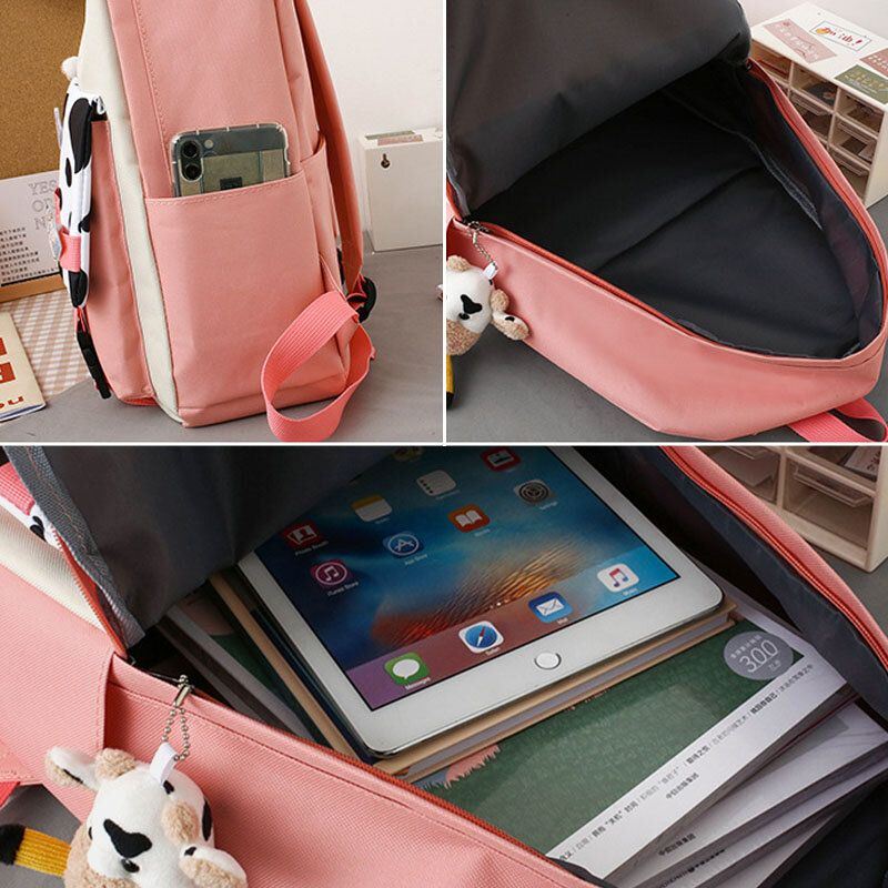 Naisten 5 Kpl Canvas Preppy Cow Pattern Monitoiminen Yhdistelmälaukku Reppu Tote Crossbody Bag Kytkinlompakko