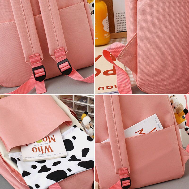 Naisten 5 Kpl Canvas Preppy Cow Pattern Monitoiminen Yhdistelmälaukku Reppu Tote Crossbody Bag Kytkinlompakko