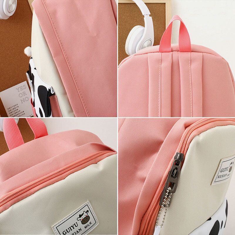 Naisten 5 Kpl Canvas Preppy Cow Pattern Monitoiminen Yhdistelmälaukku Reppu Tote Crossbody Bag Kytkinlompakko