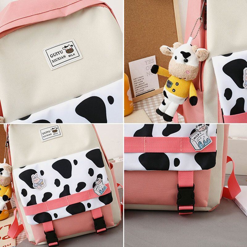 Naisten 5 Kpl Canvas Preppy Cow Pattern Monitoiminen Yhdistelmälaukku Reppu Tote Crossbody Bag Kytkinlompakko