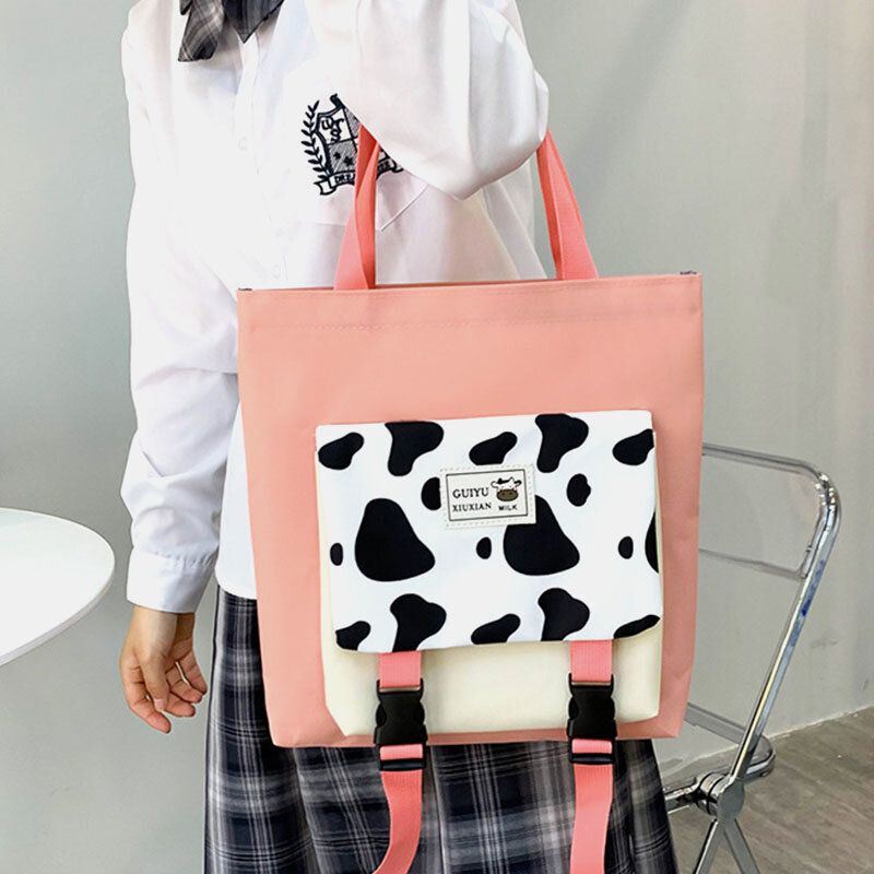 Naisten 5 Kpl Canvas Preppy Cow Pattern Monitoiminen Yhdistelmälaukku Reppu Tote Crossbody Bag Kytkinlompakko