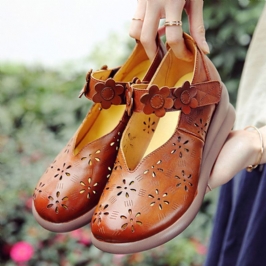 Naisten Rento Retro Kukkakoristelu Pehmeä Mukava Hengittävä Ontto Nahka Mary Jane Wedges -kengät