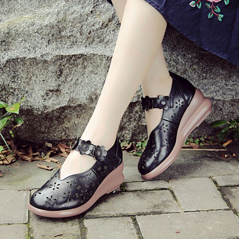 Naisten Rento Retro Kukkakoristelu Pehmeä Mukava Hengittävä Ontto Nahka Mary Jane Wedges -kengät