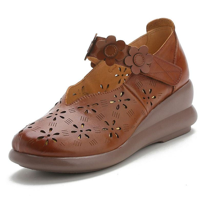 Naisten Rento Retro Kukkakoristelu Pehmeä Mukava Hengittävä Ontto Nahka Mary Jane Wedges -kengät