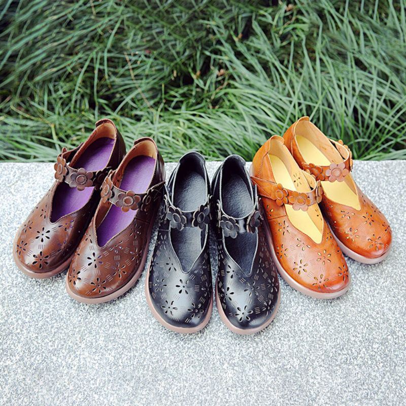 Naisten Rento Retro Kukkakoristelu Pehmeä Mukava Hengittävä Ontto Nahka Mary Jane Wedges -kengät