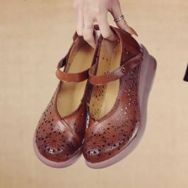 Naisten Retro Hollow Pehmeät Mukavat Aito Nahka Hook & Loop Mary Jane Wedges Kengät