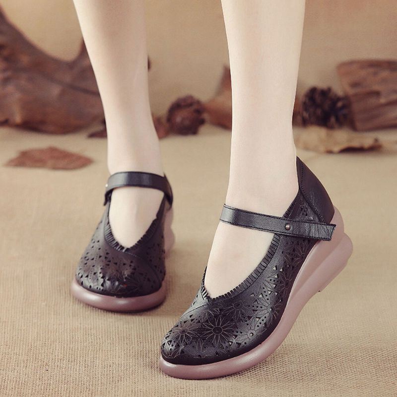 Naisten Retro Hollow Pehmeät Mukavat Aito Nahka Hook & Loop Mary Jane Wedges Kengät