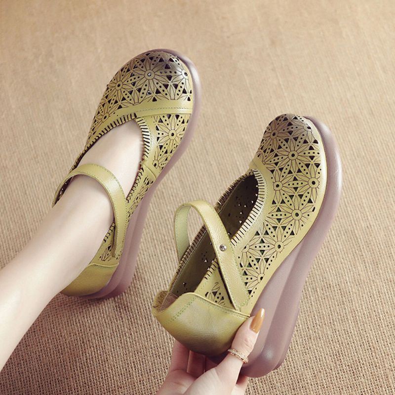 Naisten Retro Hollow Pehmeät Mukavat Aito Nahka Hook & Loop Mary Jane Wedges Kengät
