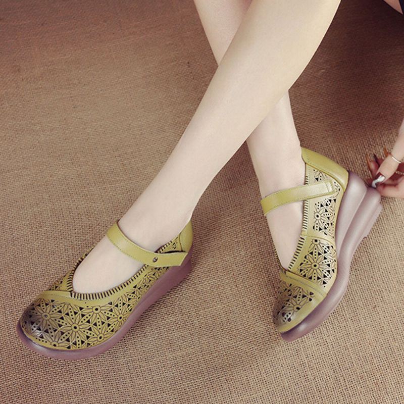 Naisten Retro Hollow Pehmeät Mukavat Aito Nahka Hook & Loop Mary Jane Wedges Kengät