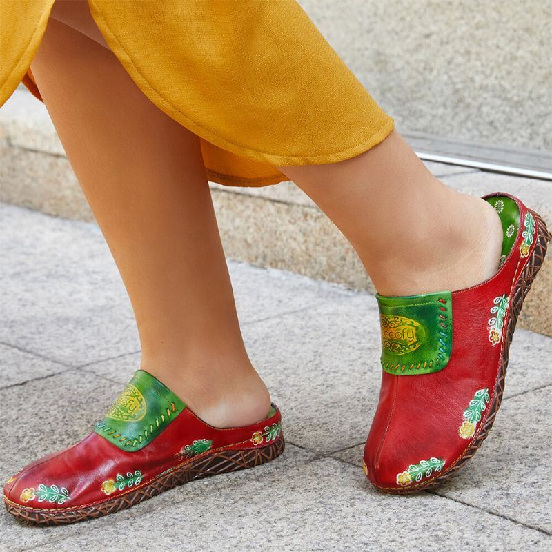 Naisten Aitoa Nahkaa Käsintehdyt Retro-etniset Kukka-slip-on Mukavat Suljetut Tossut