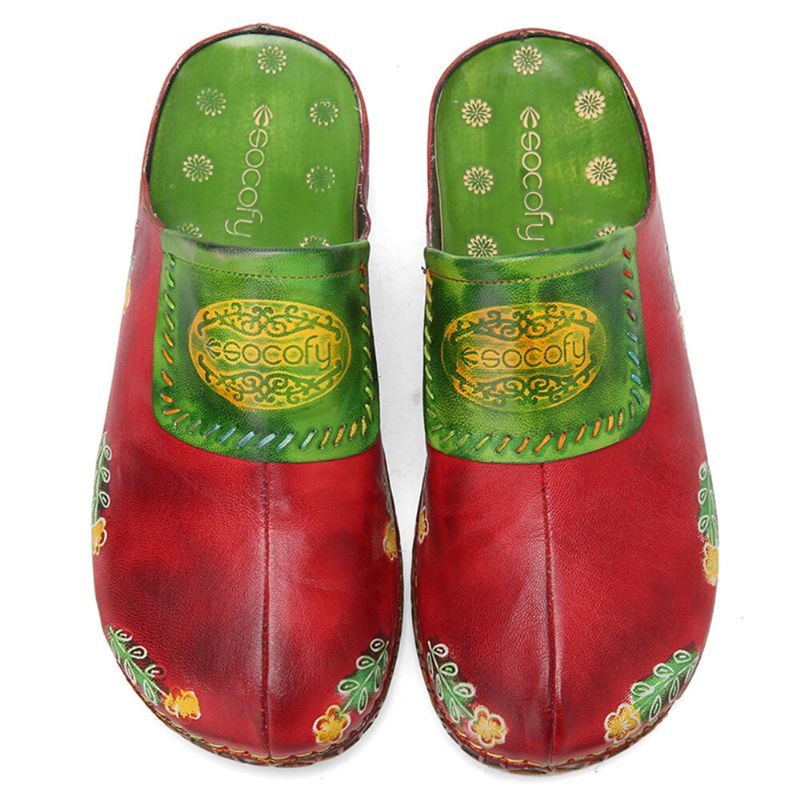 Naisten Aitoa Nahkaa Käsintehdyt Retro-etniset Kukka-slip-on Mukavat Suljetut Tossut