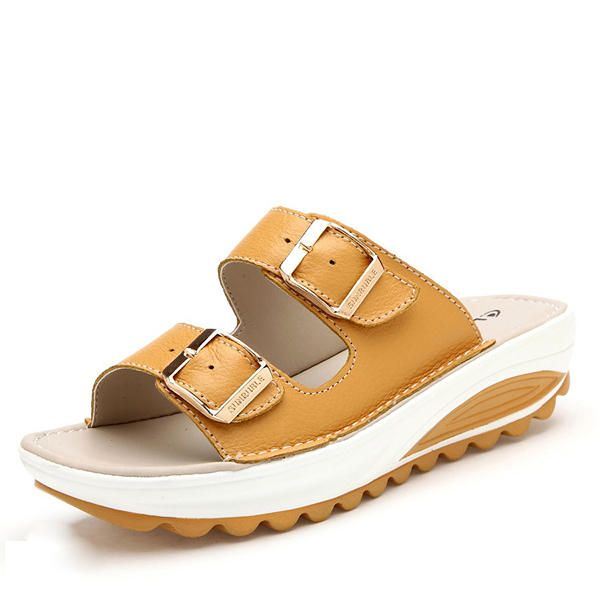 Naisten Isokokoiset Pehmeä Nahkasolki Peep Toe -tossut Slip On Beach Platform Sandaalit