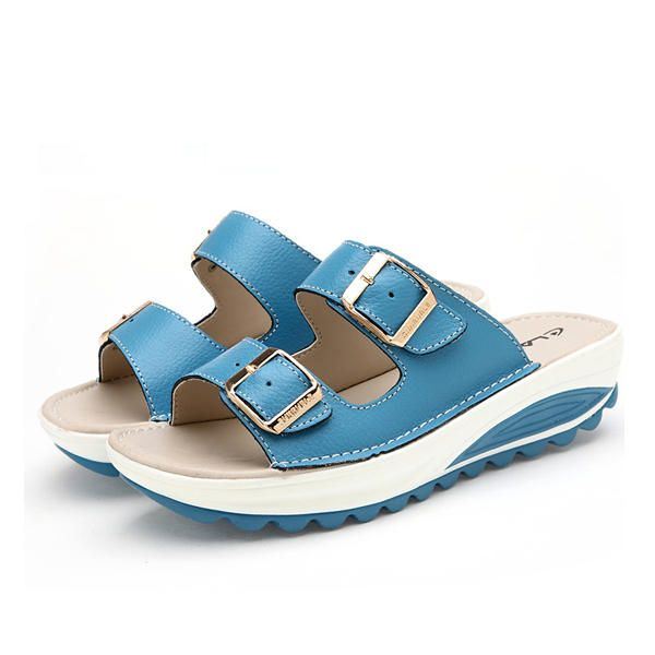 Naisten Isokokoiset Pehmeä Nahkasolki Peep Toe -tossut Slip On Beach Platform Sandaalit