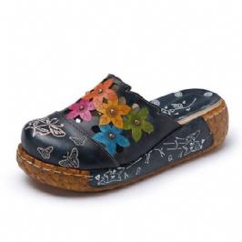 Naisten Alkuperäiset Flower Wedge Retro -kengät Aitoa Nahkaa