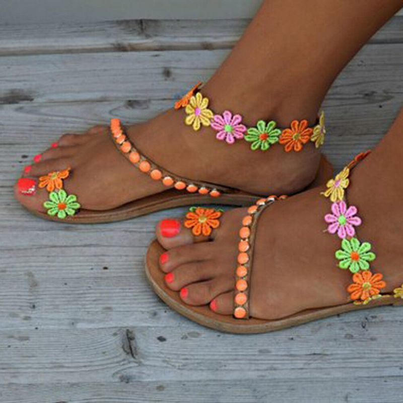 Naisten Boheemi Kukkakoristelu Helmikiinnike Toe Summer Beach Flat Sandaalit