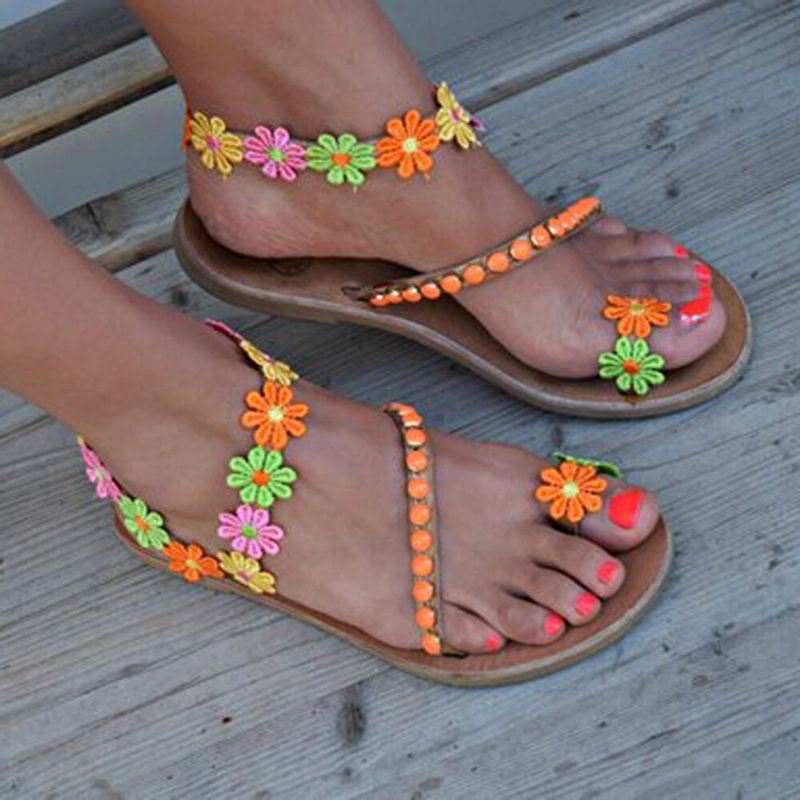 Naisten Boheemi Kukkakoristelu Helmikiinnike Toe Summer Beach Flat Sandaalit