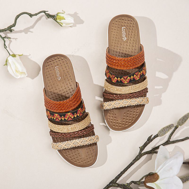Naisten Bohemia Woven Open Toe Pehmeä Pohja Casual Slides Tasaiset Sandaalit