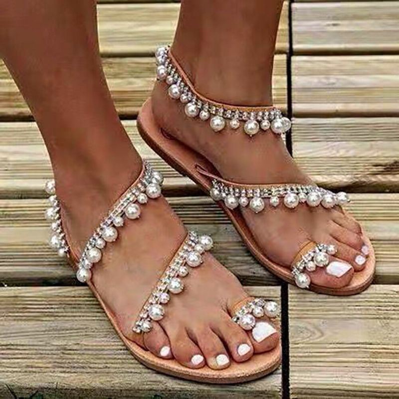 Naisten Bohemian Clip Toe Helmi Koriste Slip On Joustonauha Rento Loma Rantasandaalit