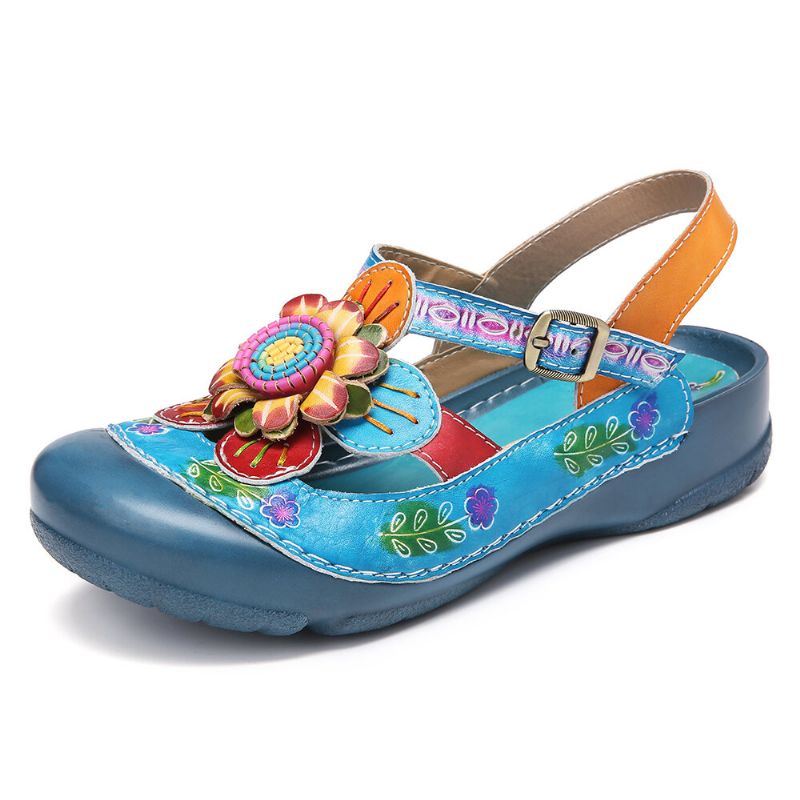 Naisten Käsintehdyt Nahkaiset Kukkasolkihihnat Slingback Litteät Sandaalit Muulit
