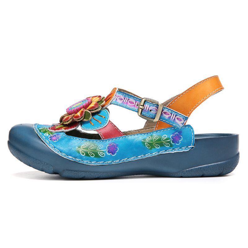 Naisten Käsintehdyt Nahkaiset Kukkasolkihihnat Slingback Litteät Sandaalit Muulit