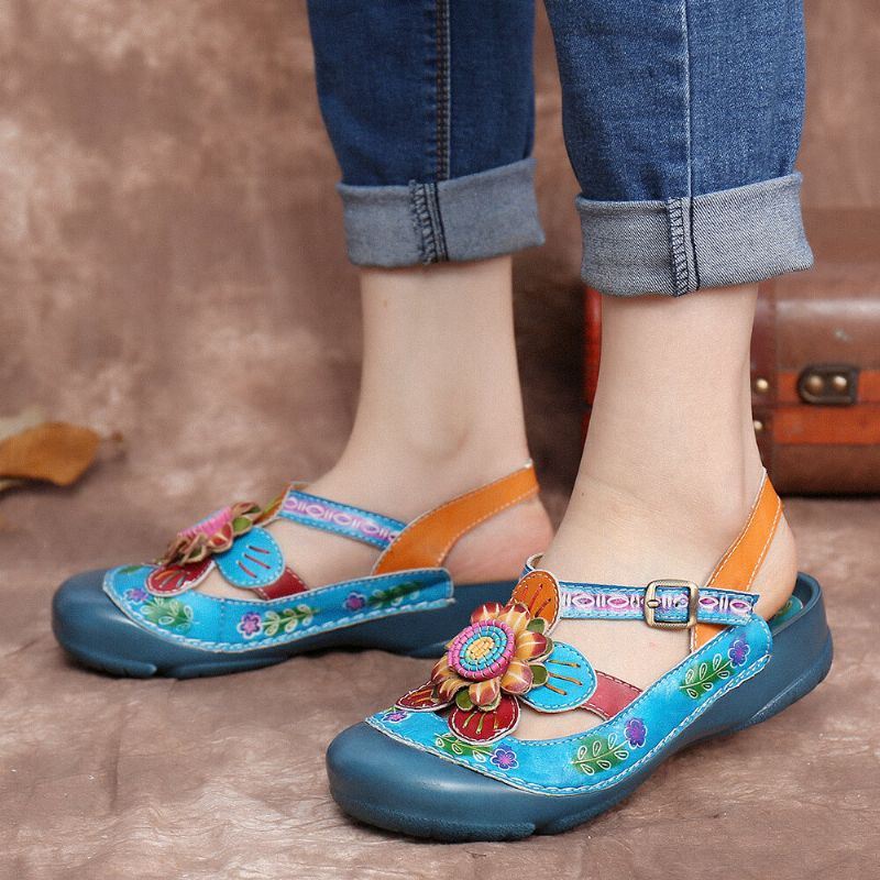 Naisten Käsintehdyt Nahkaiset Kukkasolkihihnat Slingback Litteät Sandaalit Muulit