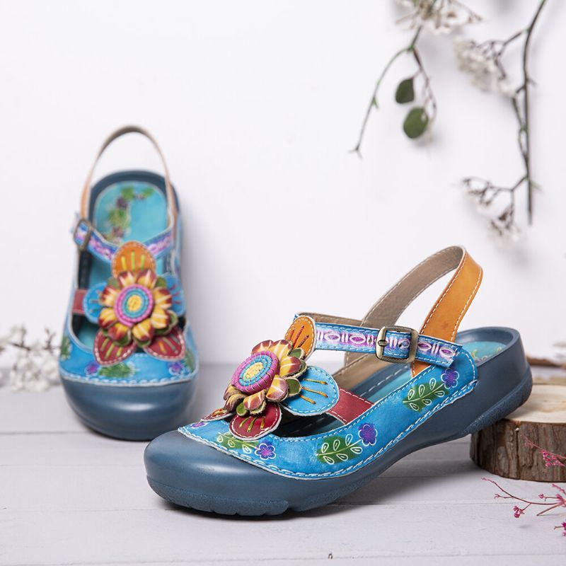 Naisten Käsintehdyt Nahkaiset Kukkasolkihihnat Slingback Litteät Sandaalit Muulit