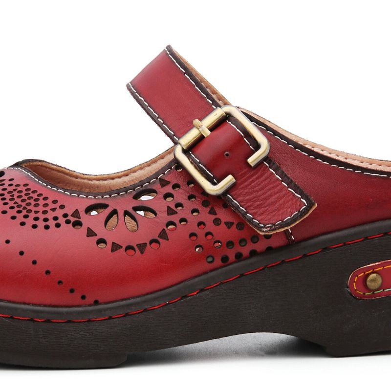 Naisten Käsintehdyt Nahkaleikkaukset Solki Hihna Tikkaus Slip-on Muulit Liukumattomat Kiilat Sandaalit
