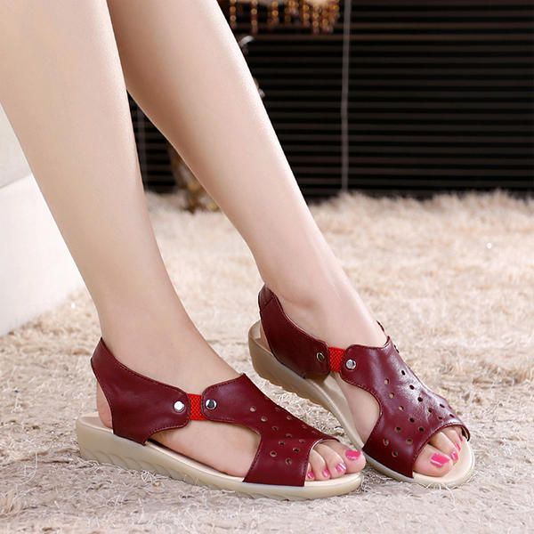 Naisten Nahkaiset Hollow Out Peep Toe Slip On Pehmeät Sandaalit