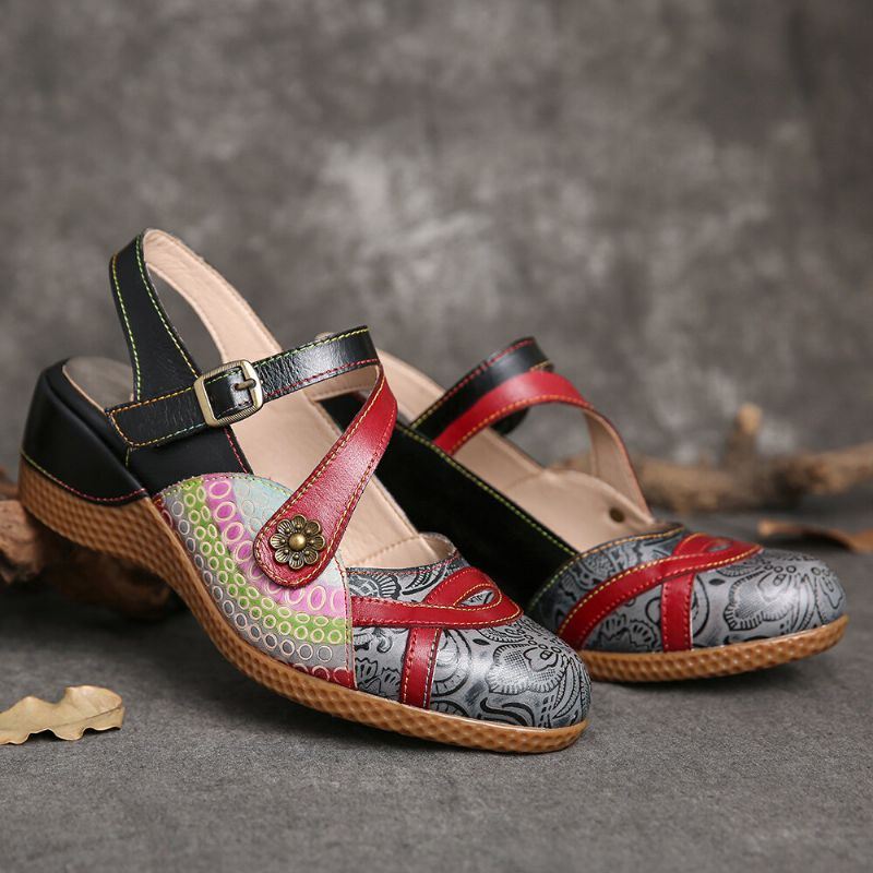 Naisten Retronahkainen Maalattu Kukkakoukkusilmukka Slingback -muulit Kiilat Sandaalit