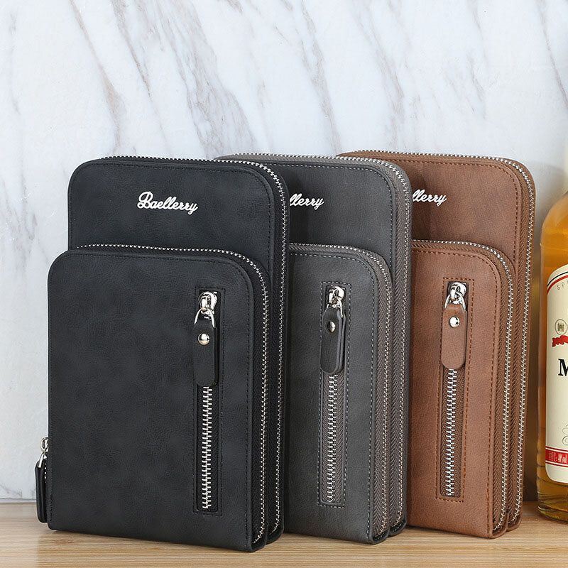 Baellerry Miesten Keinonahkainen Monitoiminen Pystysuuntainen Suuri Kapasiteetti Kaksinkertainen Vetoketju 6.3 Tuuman Puhelinlaukku Crossbody Laukku Lompakko
