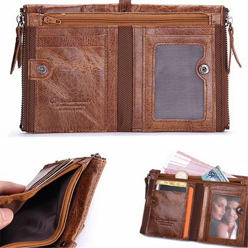 Miesten Aito Nahka Bifold Hasp Monikorttipaikka Korttipidike Retro Kaksoisvetoketjutasku Kolikko Kukkaro Lyhyt Money Clip Lompakko