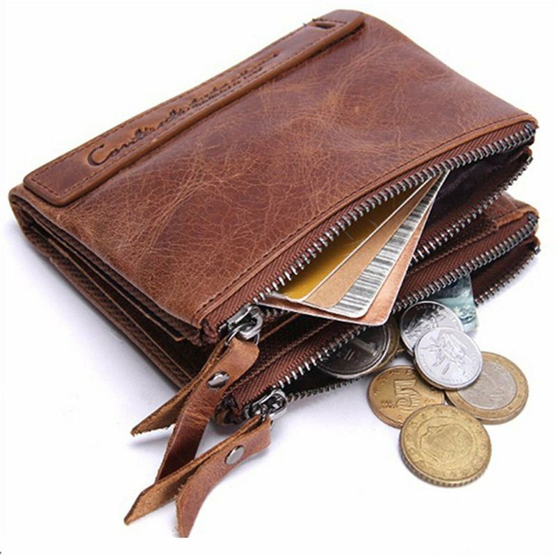 Miesten Aito Nahka Bifold Hasp Monikorttipaikka Korttipidike Retro Kaksoisvetoketjutasku Kolikko Kukkaro Lyhyt Money Clip Lompakko
