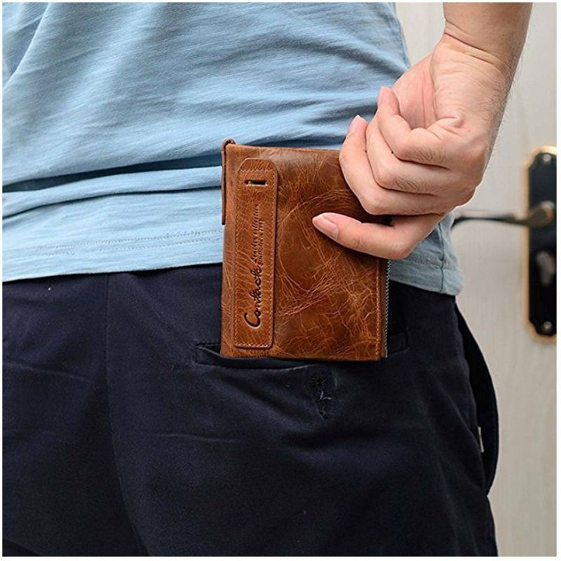 Miesten Aito Nahka Bifold Hasp Monikorttipaikka Korttipidike Retro Kaksoisvetoketjutasku Kolikko Kukkaro Lyhyt Money Clip Lompakko