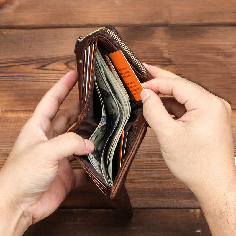 Miesten Aito Nahka Varkaudenesto Retro Business Kestävä Vetoketju Multi Card Slot Korttikotelo Lompakko