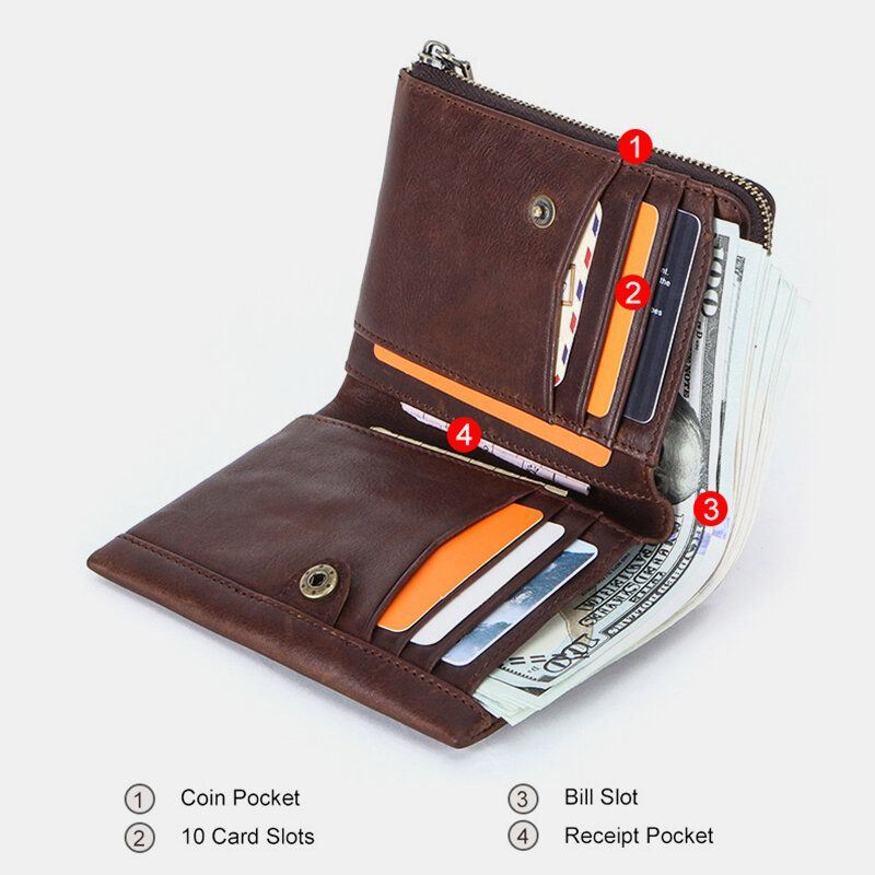 Miesten Aito Nahka Varkaudenesto Retro Business Kestävä Vetoketju Multi Card Slot Korttikotelo Lompakko
