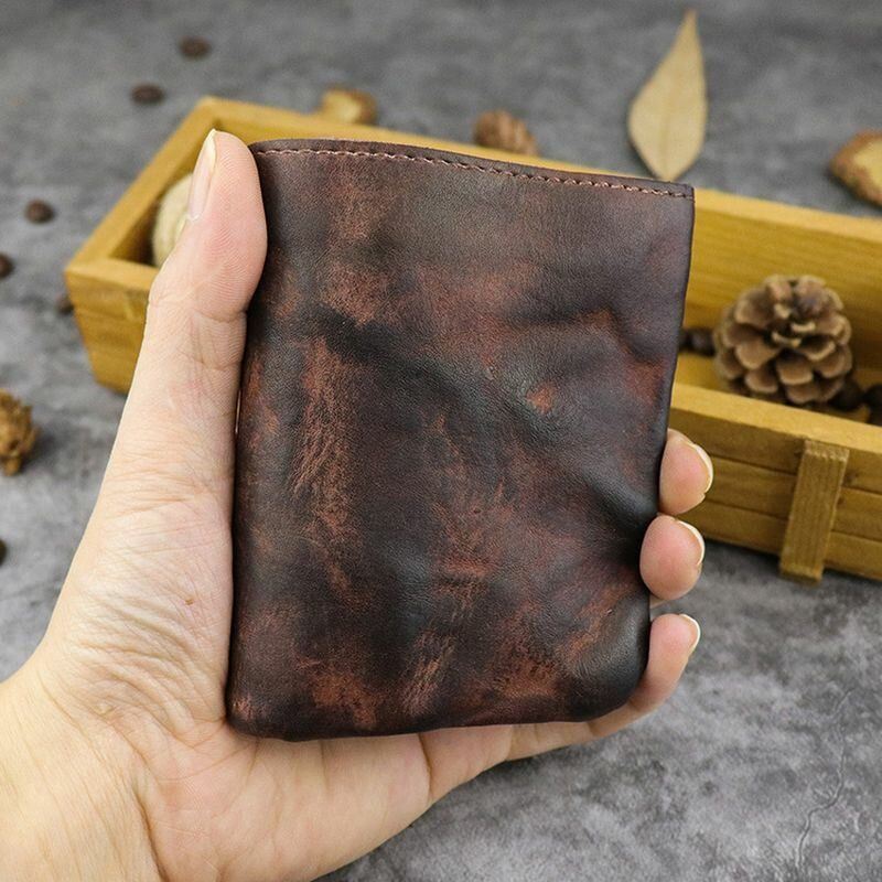 Miesten Aitoa Nahkaa Pesty Bifold Retro Lyhyt Taitettu Lehmännahkainen Korttikotelo Kolikkokukkaro