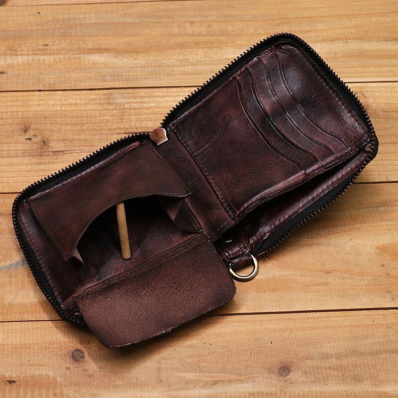 Miesten Aitoa Nahkaa Vintage Lyhyt Distressed Taittuu Vetoketju Korttikotelo Kolikko Kukkaro Money Clip Lompakko