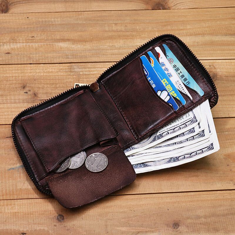 Miesten Aitoa Nahkaa Vintage Lyhyt Distressed Taittuu Vetoketju Korttikotelo Kolikko Kukkaro Money Clip Lompakko