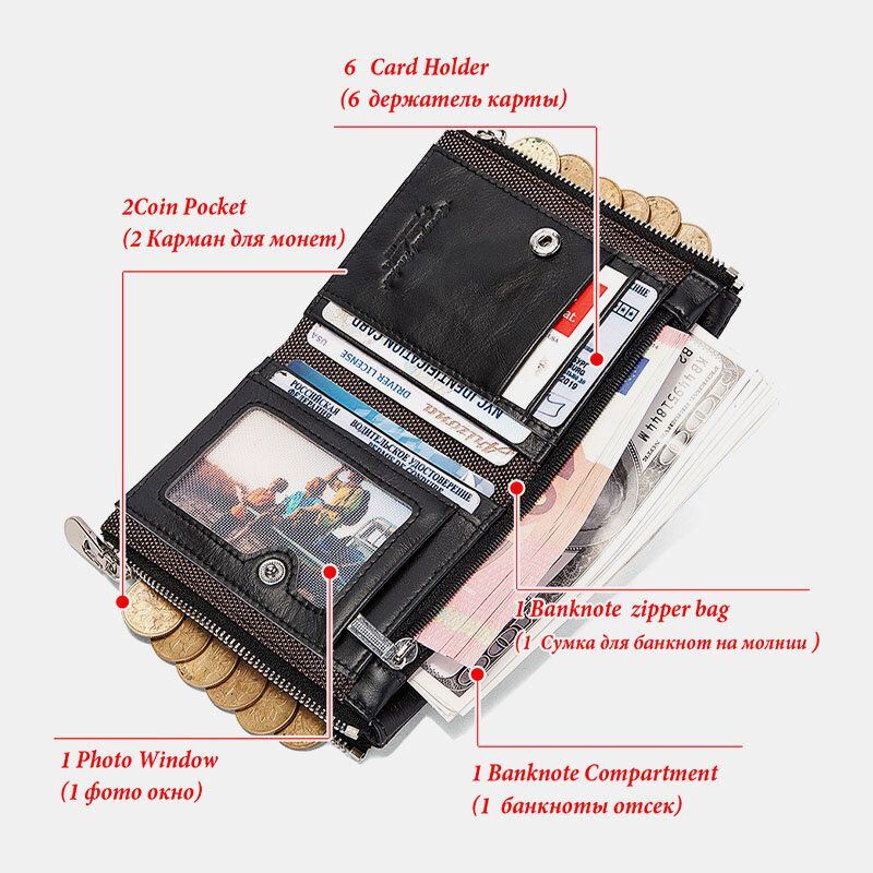 Miesten Bifold Lompakot Monitoiminen Ensimmäinen Kerros Lehmännahkainen Varkaudenestoharja Kaksoisvetoketjuinen Korttipidike Money Clip Kolikkokukkaro