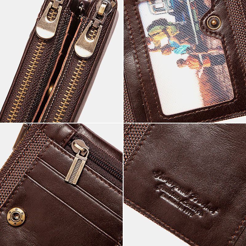 Miesten Bifold Lompakot Monitoiminen Ensimmäinen Kerros Lehmännahkainen Varkaudenestoharja Kaksoisvetoketjuinen Korttipidike Money Clip Kolikkokukkaro