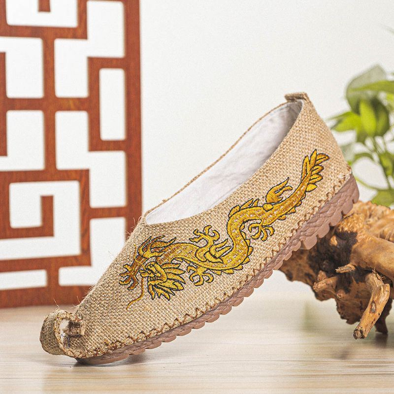 Miesten Hengittävät Liukumattomat Old Pekingin Lohikäärmekirjailu Mukavat Vapaa-ajan Pellavakengät