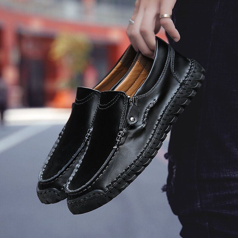 Miesten Käsinompeleet Nahka Pehmeä Sivuvetoketju Business Casual Slip On Litteät Kengät