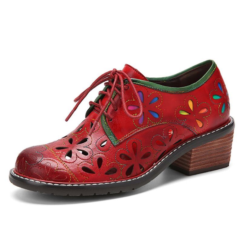 Naisten Aidosta Nahasta Valmistetut Retro Mukavat Hengittävät Onttonauhanauhat Matalakorkoiset Oxfords-kengät