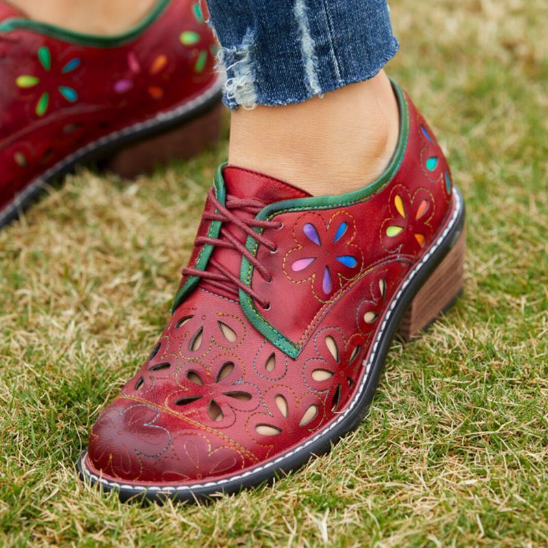 Naisten Aidosta Nahasta Valmistetut Retro Mukavat Hengittävät Onttonauhanauhat Matalakorkoiset Oxfords-kengät